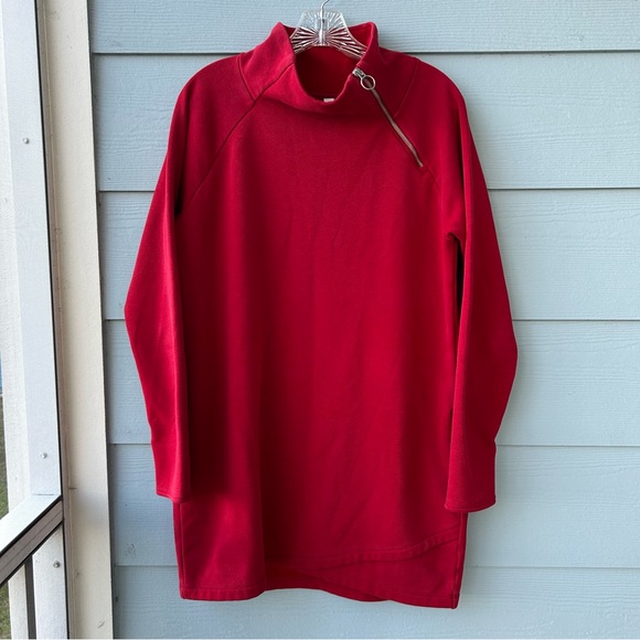 Athleta Cozy Karma Asym Sweatshirt Dress Red Mock Neck Zippered Pullover - Picture 3 of 11